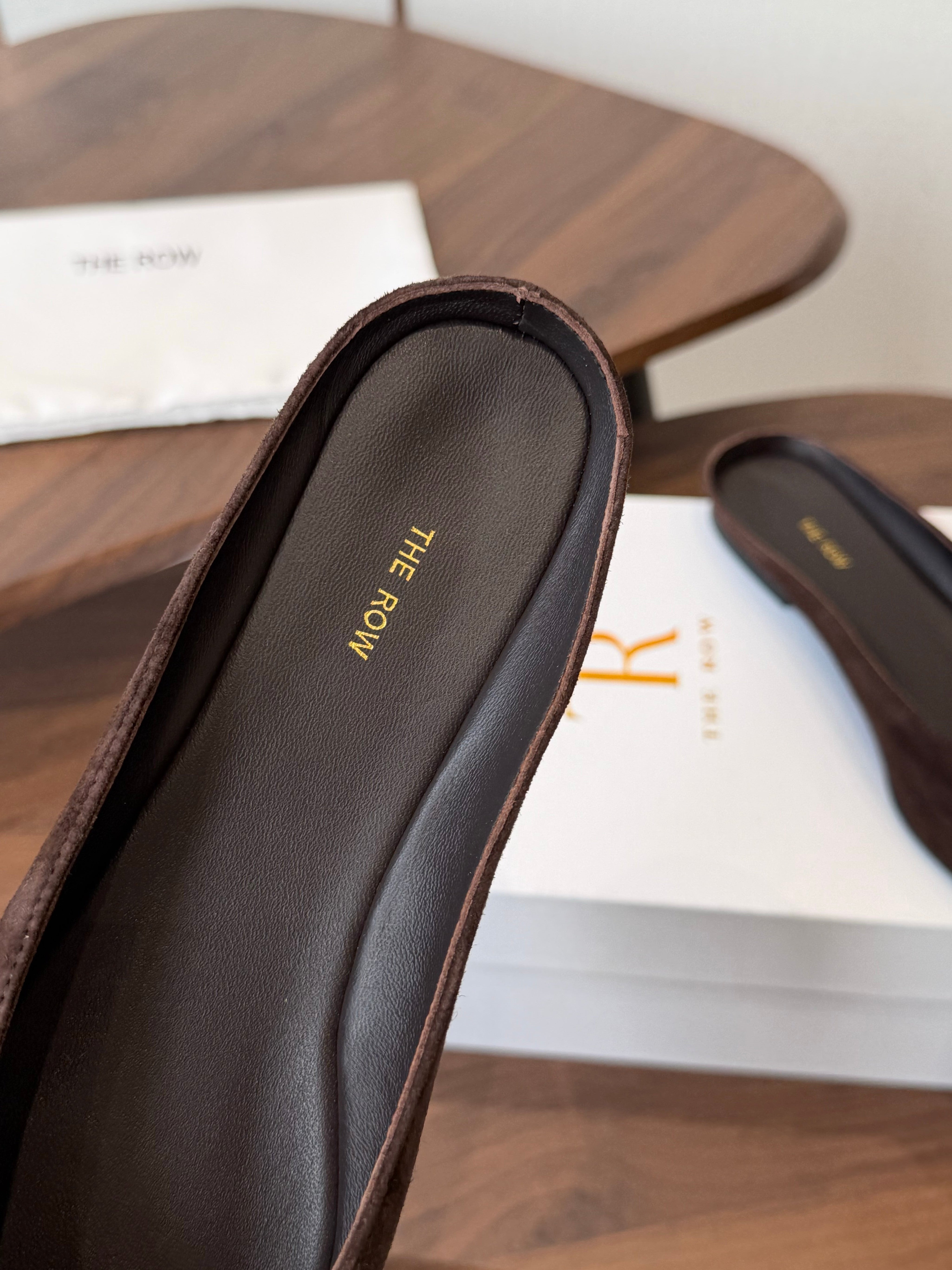 THE ROW 26S POINTED TOE MULES IN DARK BROWN SUEDE