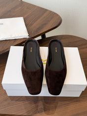 THE ROW 26S POINTED TOE MULES IN DARK BROWN SUEDE