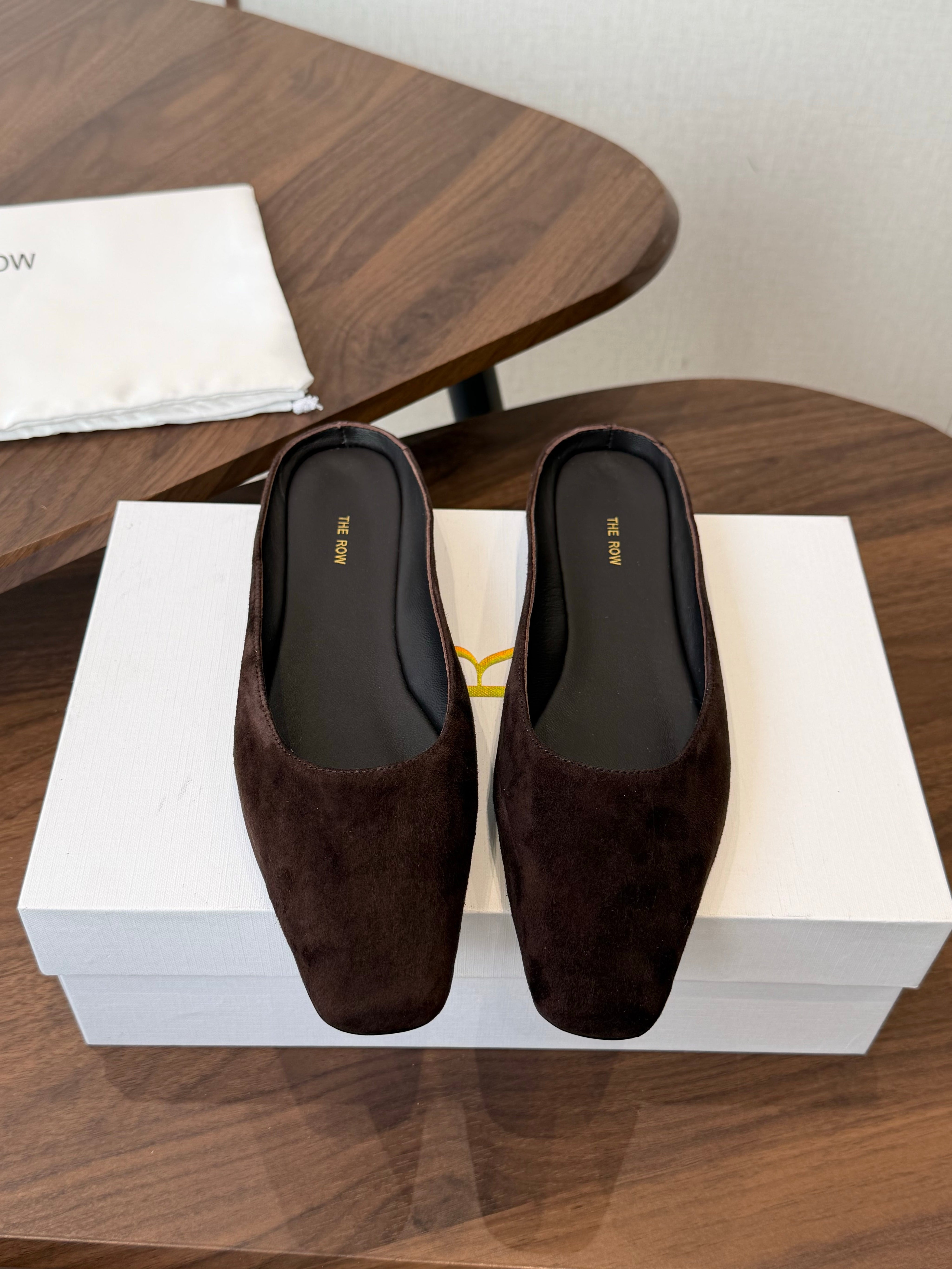 THE ROW 26S POINTED TOE MULES IN DARK BROWN SUEDE