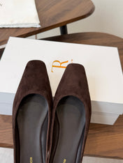 THE ROW 26S POINTED TOE MULES IN DARK BROWN SUEDE