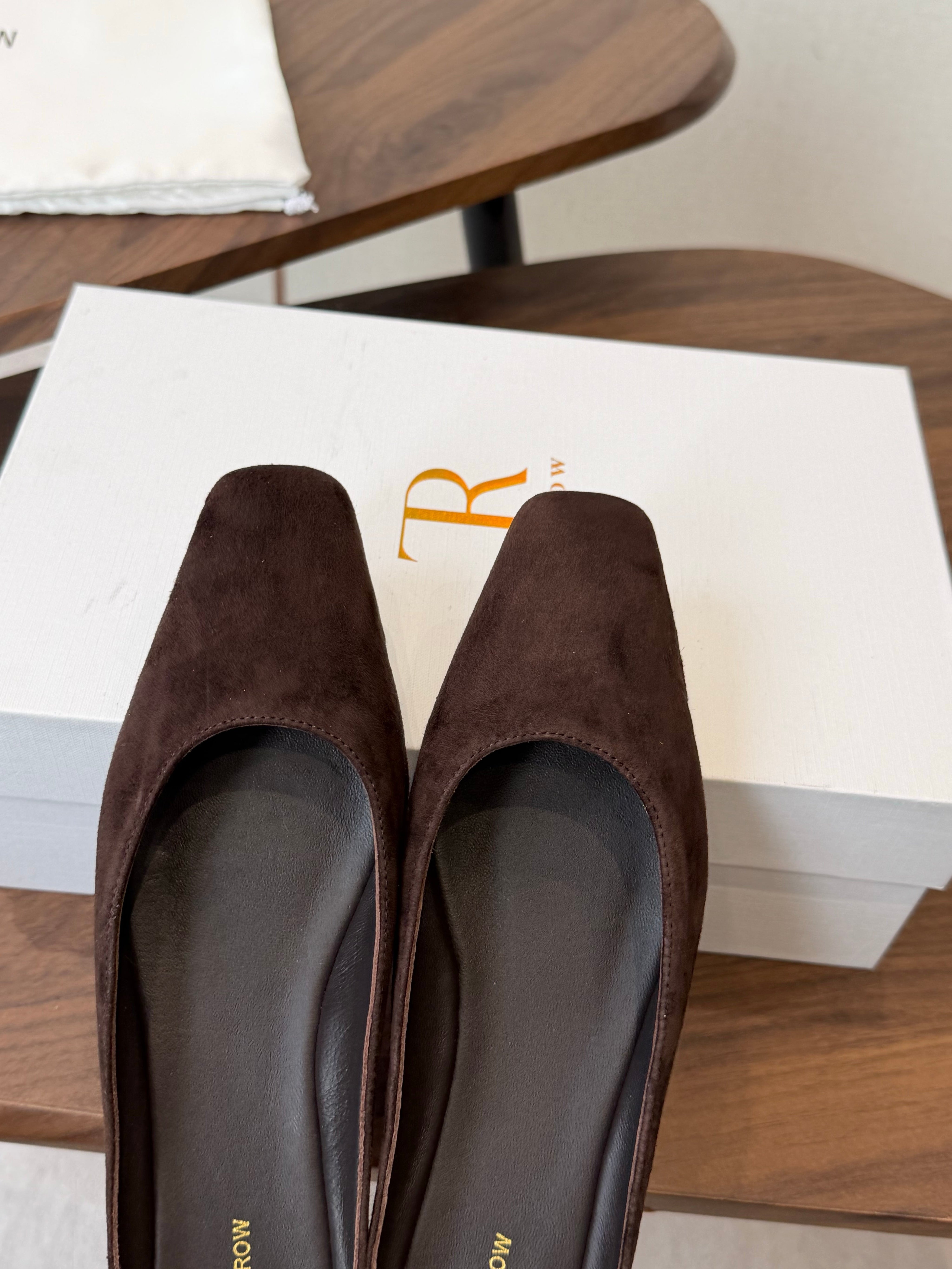 THE ROW 26S POINTED TOE MULES IN DARK BROWN SUEDE
