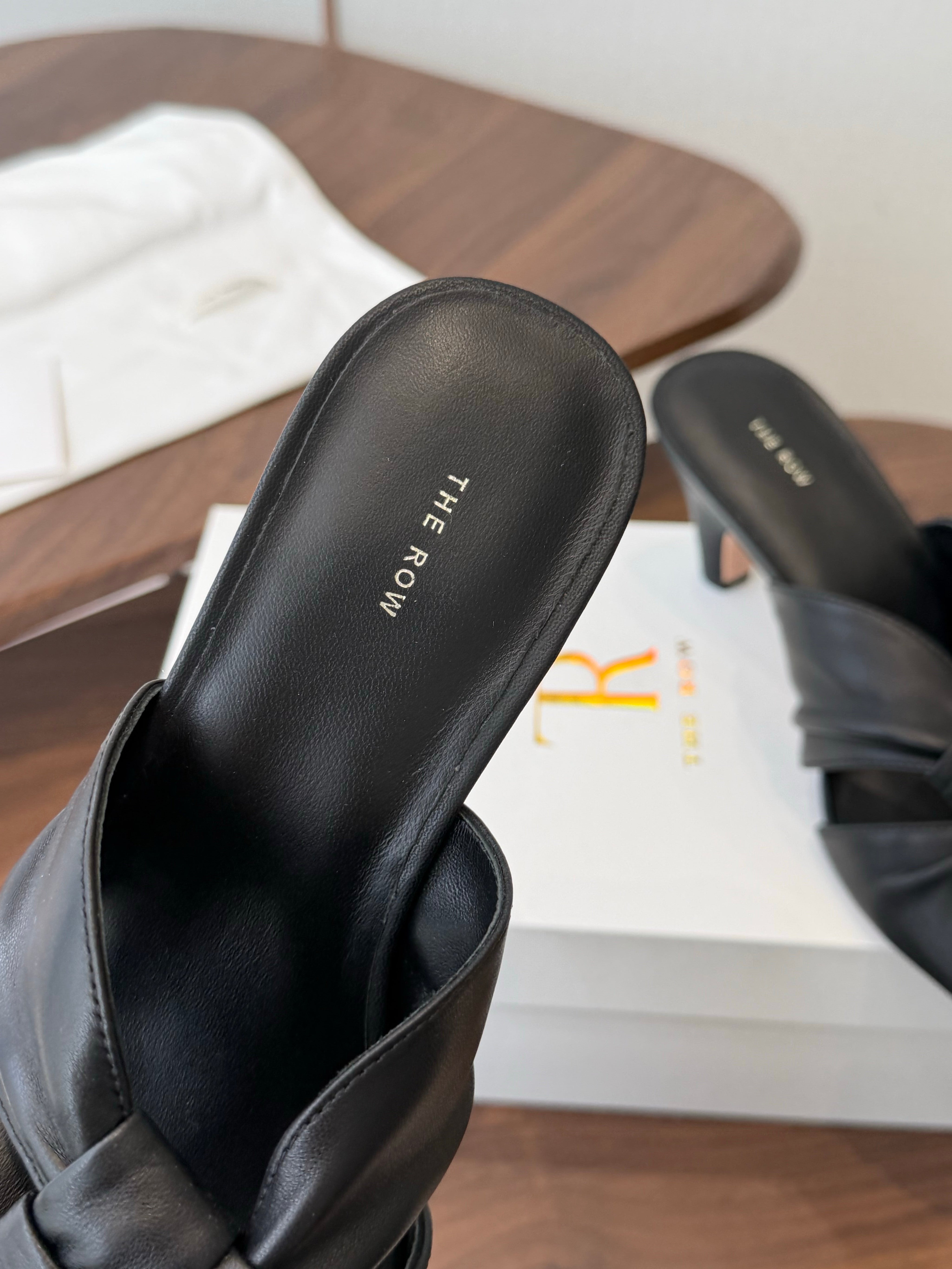 THE ROW 26S KNOT HEELED SLIDE SANDALS 35MM IN BLACK LAMBSKIN