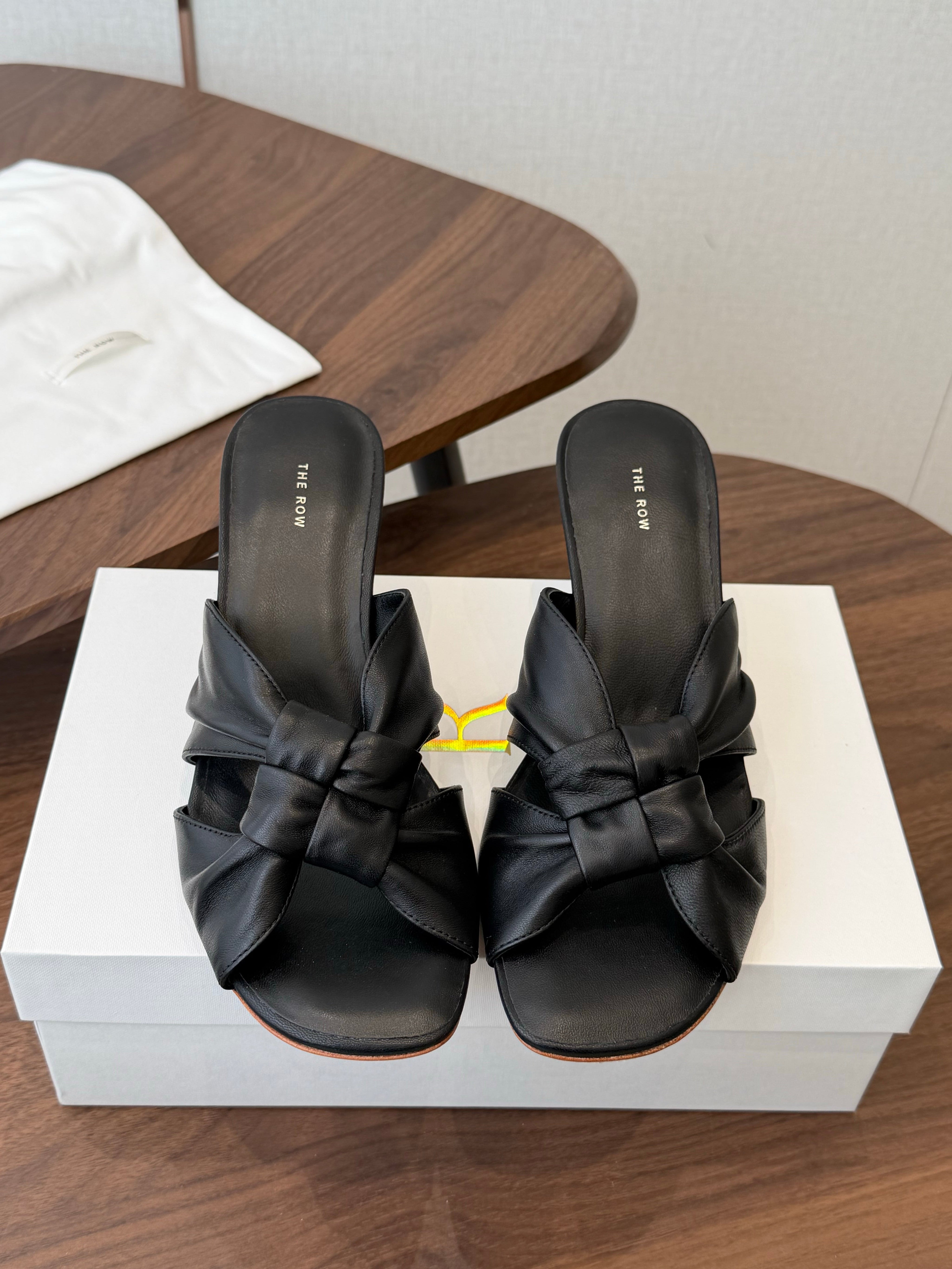 THE ROW 26S KNOT HEELED SLIDE SANDALS 35MM IN BLACK LAMBSKIN