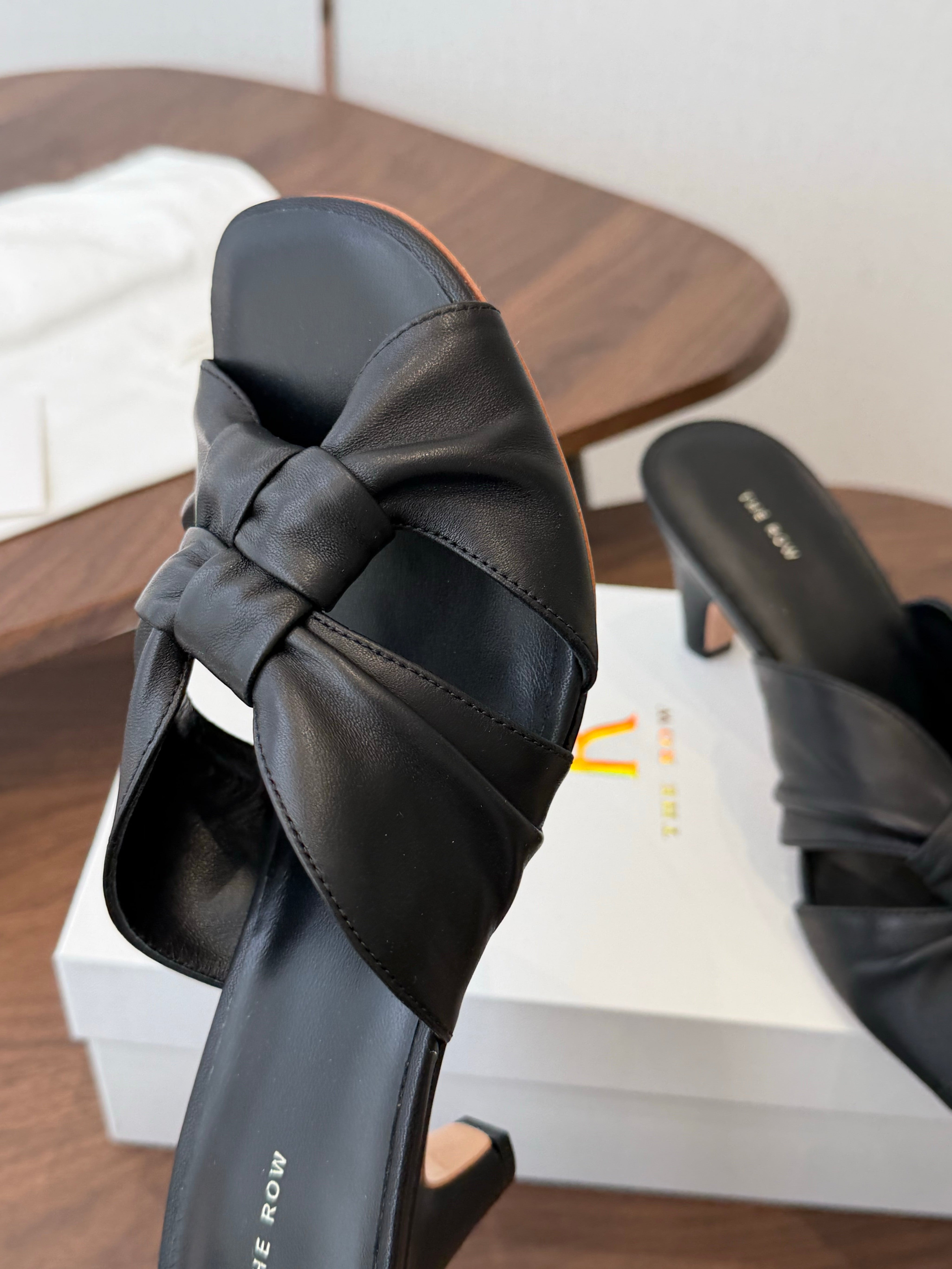 THE ROW 26S KNOT HEELED SLIDE SANDALS 35MM IN BLACK LAMBSKIN