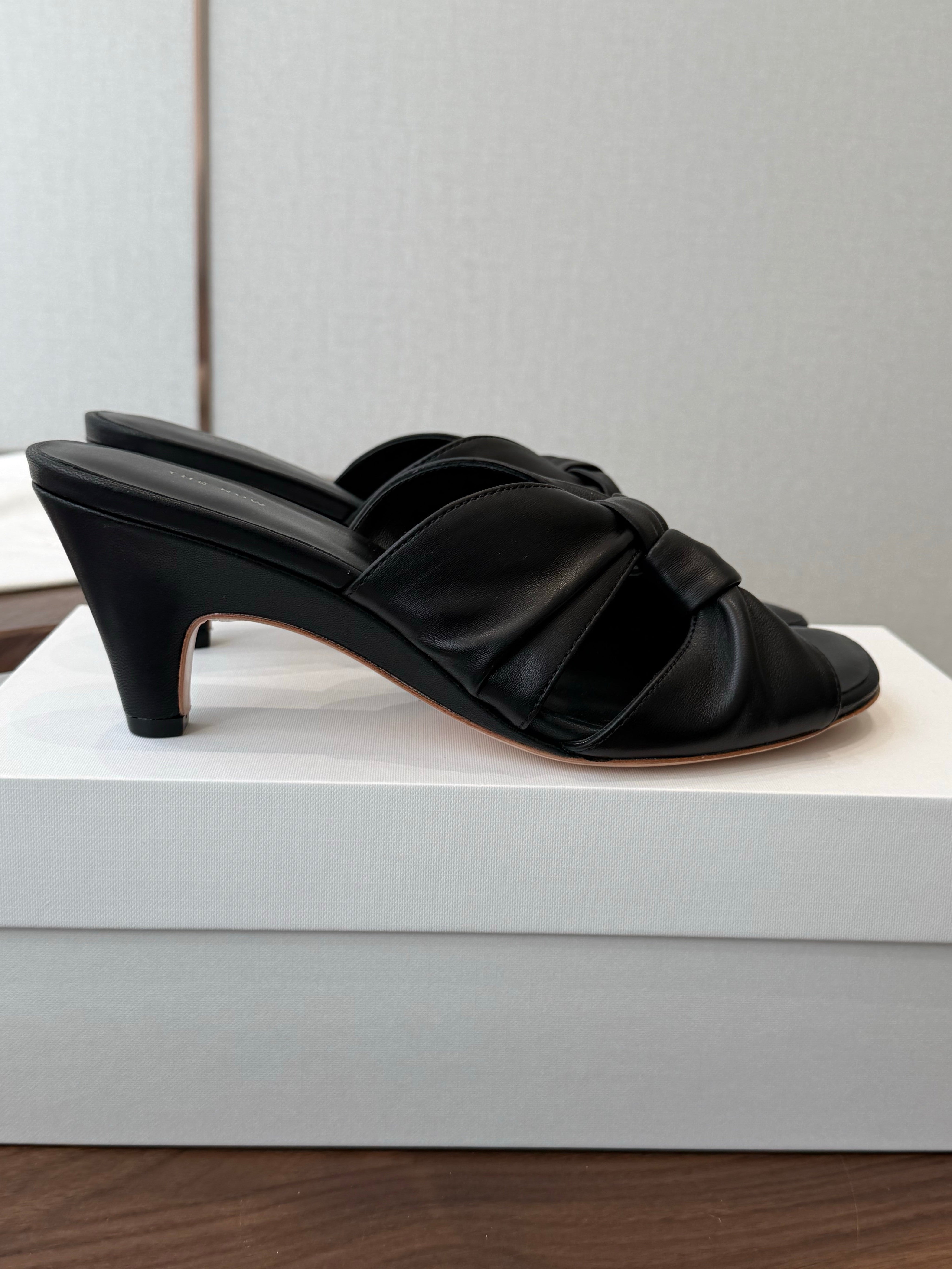THE ROW 26S KNOT HEELED SLIDE SANDALS 35MM IN BLACK LAMBSKIN