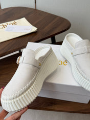 CHLOE 26S PLATFORM MULES IN WHITE SUEDE