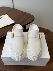 CHLOE 26S PLATFORM MULES IN WHITE SUEDE