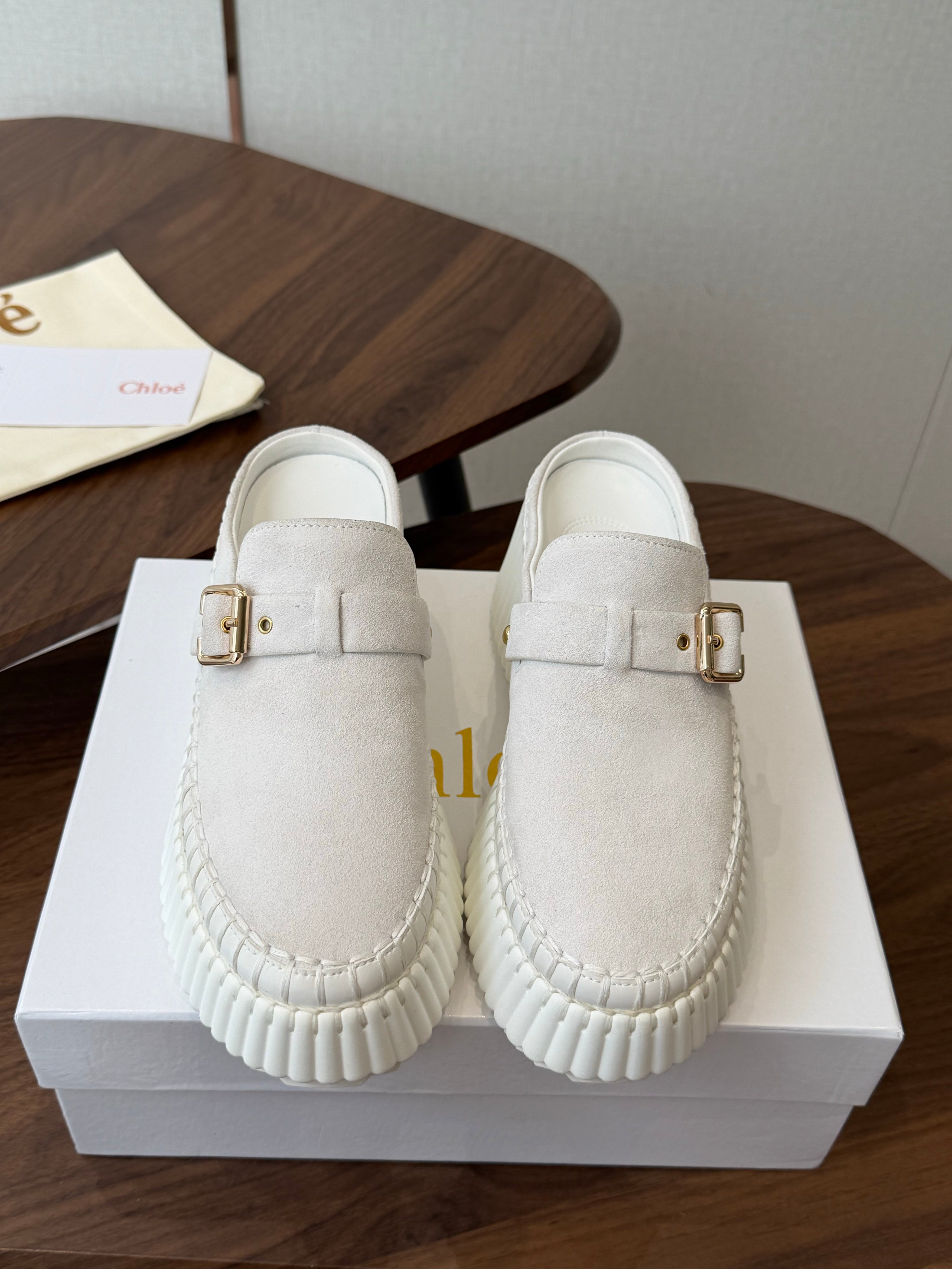 CHLOE 26S PLATFORM MULES IN WHITE SUEDE