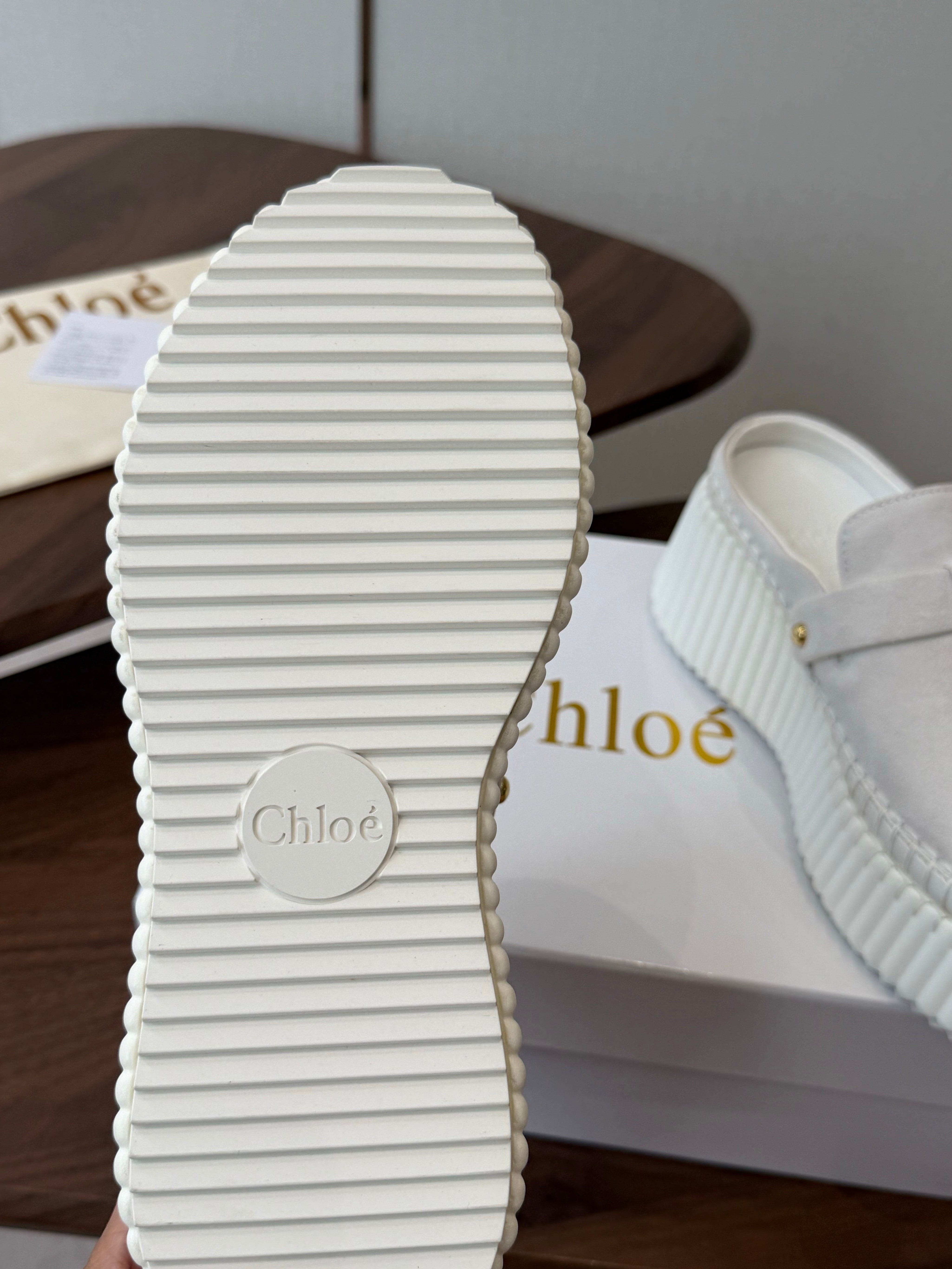CHLOE 26S PLATFORM MULES IN WHITE SUEDE