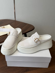 CHLOE 26S PLATFORM MULES IN WHITE SUEDE