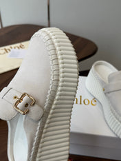 CHLOE 26S PLATFORM MULES IN WHITE SUEDE