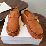 CHLOE 26S PLATFORM MULES IN BROWN SUEDE