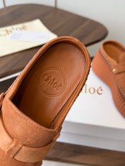 CHLOE 26S PLATFORM MULES IN BROWN SUEDE