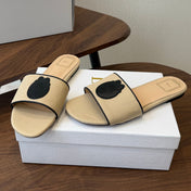 DIOR 26S D-BADGE FLAT SLIDE SANDALS IN BEIGE CANVAS AND BLACK CALFSKIN