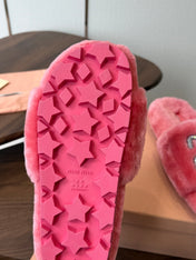 MIUMIU 26S CRYSTAL LOGO SLIDES IN PINK SHEARLING