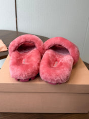 MIUMIU 26S CRYSTAL LOGO SLIDES IN PINK SHEARLING