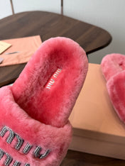 MIUMIU 26S CRYSTAL LOGO SLIDES IN PINK SHEARLING