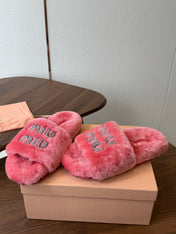 MIUMIU 26S CRYSTAL LOGO SLIDES IN PINK SHEARLING