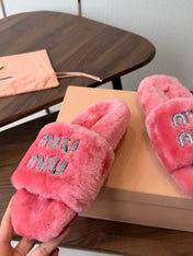 MIUMIU 26S CRYSTAL LOGO SLIDES IN PINK SHEARLING