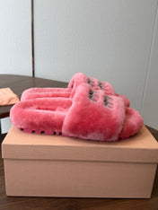 MIUMIU 26S CRYSTAL LOGO SLIDES IN PINK SHEARLING