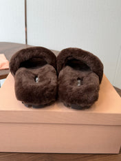 MIUMIU 26S CRYSTAL LOGO SLIDES IN DARK BROWN SHEARLING