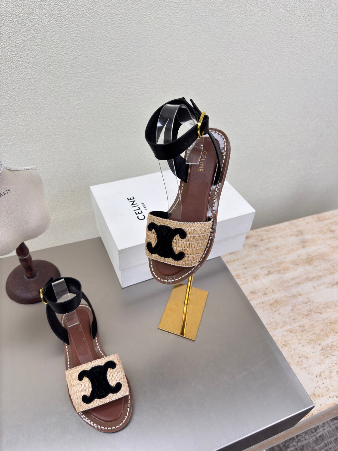 CELINE 25S TRIOMPHE SANDALS BEIGE RAFFIA BLACK WOOL