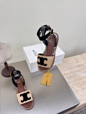 CELINE 25S TRIOMPHE SANDALS BEIGE RAFFIA BLACK WOOL