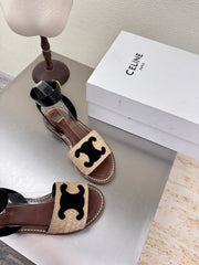 CELINE 25S TRIOMPHE SANDALS BEIGE RAFFIA BLACK WOOL
