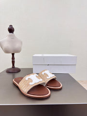 CELINE 25S LYMPIA MULE BEIGE RAFFIA WHITE WOOL LOGO