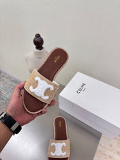 CELINE 25S LYMPIA MULE BEIGE RAFFIA WHITE WOOL LOGO