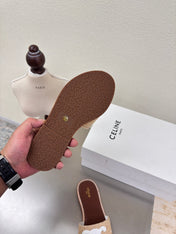 CELINE 25S LYMPIA MULE BEIGE RAFFIA WHITE WOOL LOGO