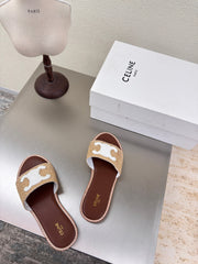 CELINE 25S LYMPIA MULE BEIGE RAFFIA WHITE WOOL LOGO