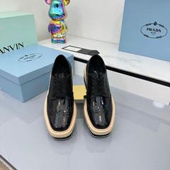 PRADA 25S FLAT WEDGE SHOES 60MM IN BLACK GLOSSY CALFSKIN