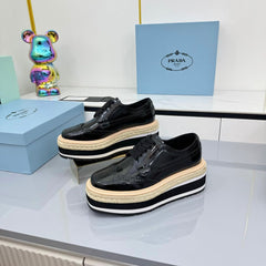 PRADA 25S FLAT WEDGE SHOES 60MM IN BLACK GLOSSY CALFSKIN