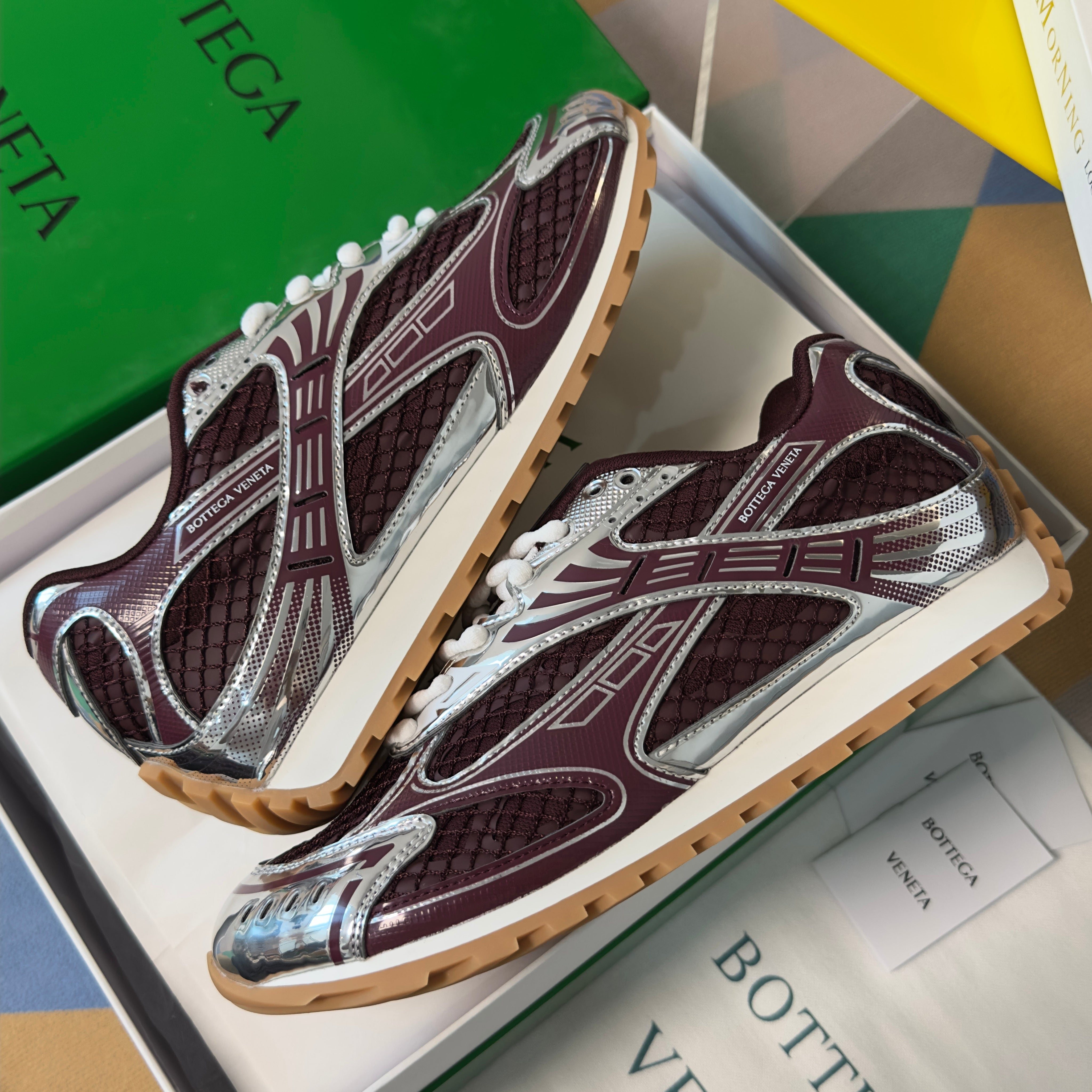 BOTTEGA VENETA 26S SNEAKERS IN DARK RED AND SILVER TPU MATERIAL