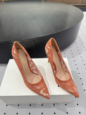 GIANVITO ROSSI 26S HIGH HEELS 105 MM IN PEACH ORANGE LACE FABRIC