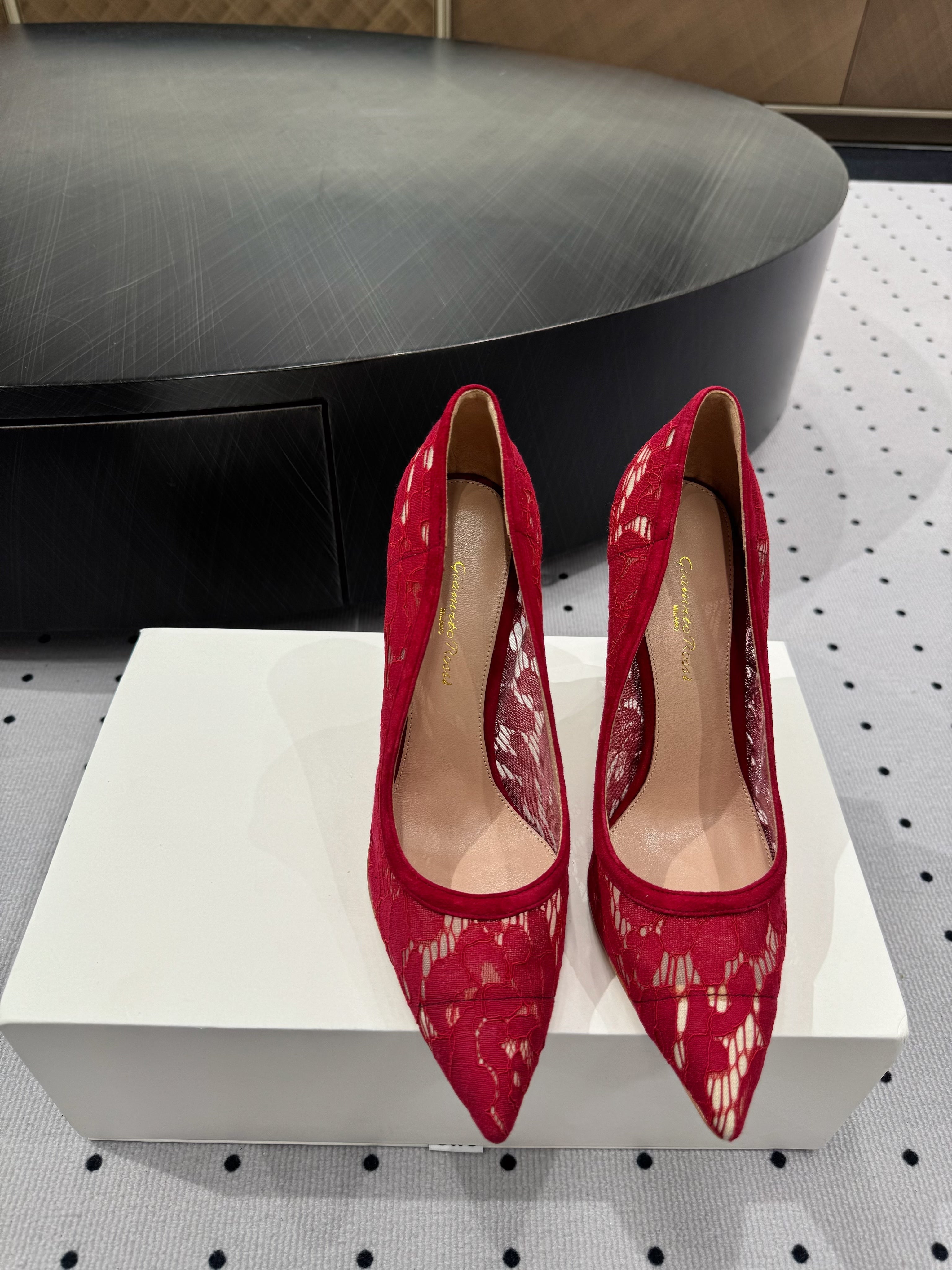 GIANVITO ROSSI 26S HIGH HEELS 105 MM IN DARK RED LACE FABRIC