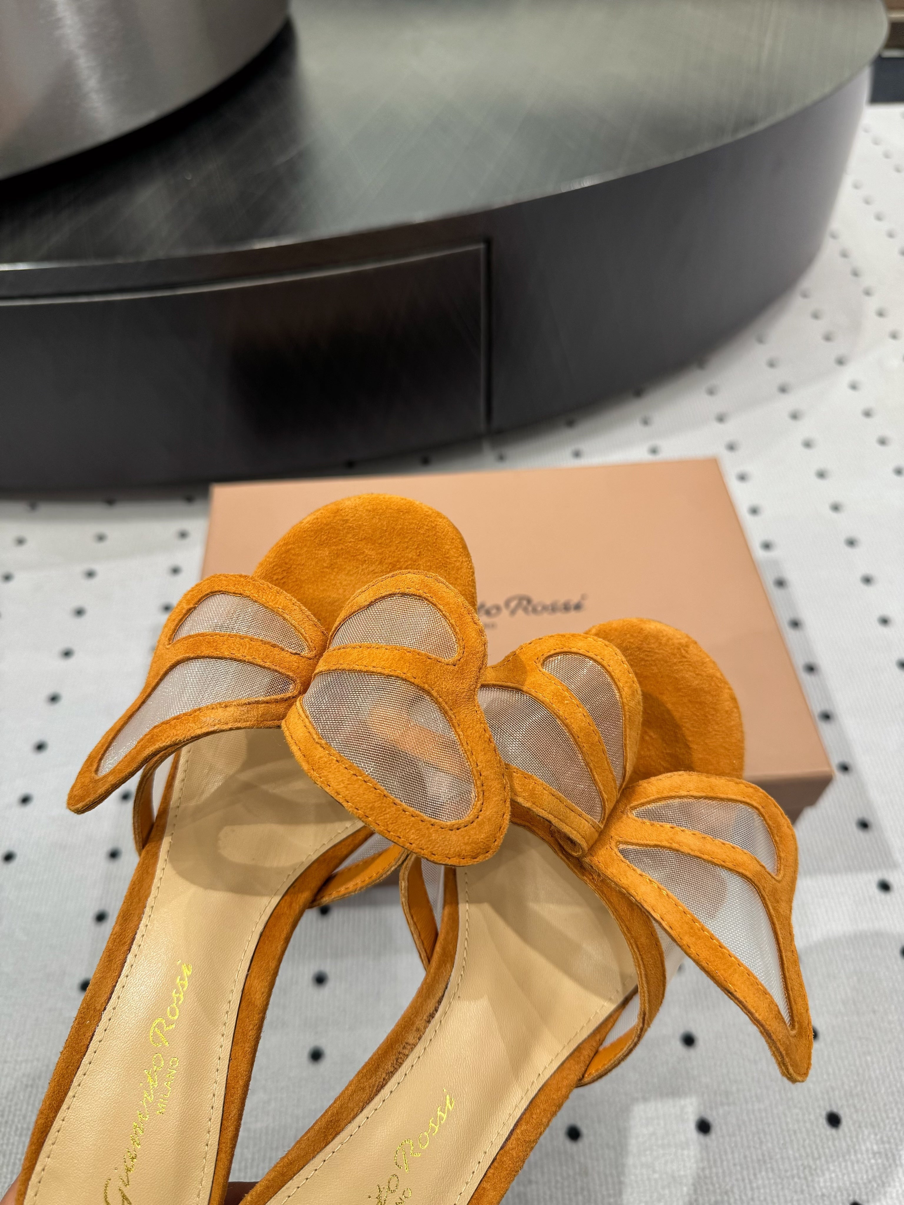 GIANVITO ROSSI 26S BUTTERFLY HIGH-HEEL SANDALS 80 MM IN DARK ORANGE SUEDE