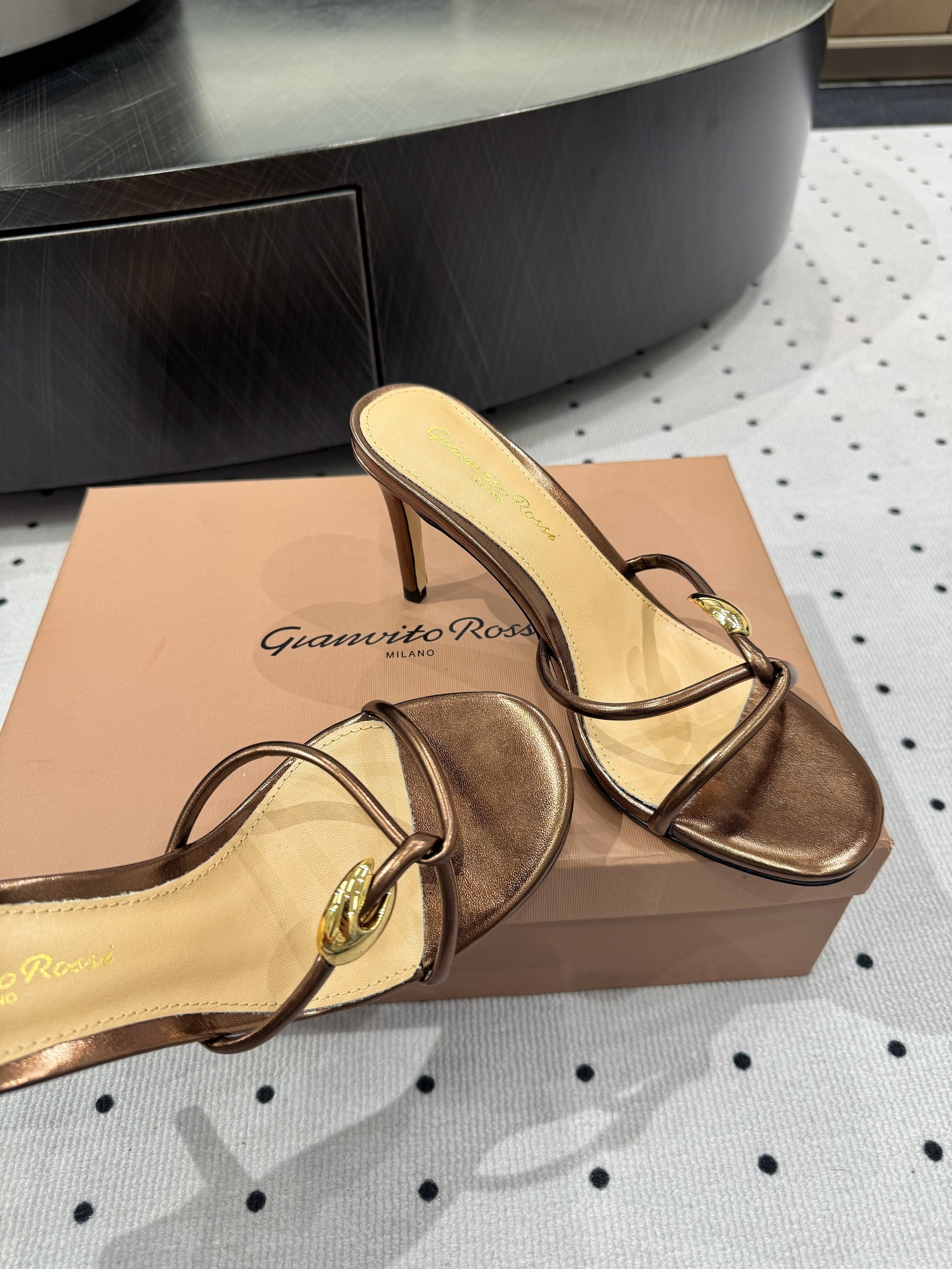 GIANVITO ROSSI 26S STRAPPY HEEL SANDALS 80 MM IN METALLIC COPPER LAMBSKIN