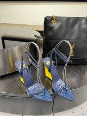YSL 26S WEDGE HEELS 105 MM IN NAVY BLUE GLOSSY CALFSKIN