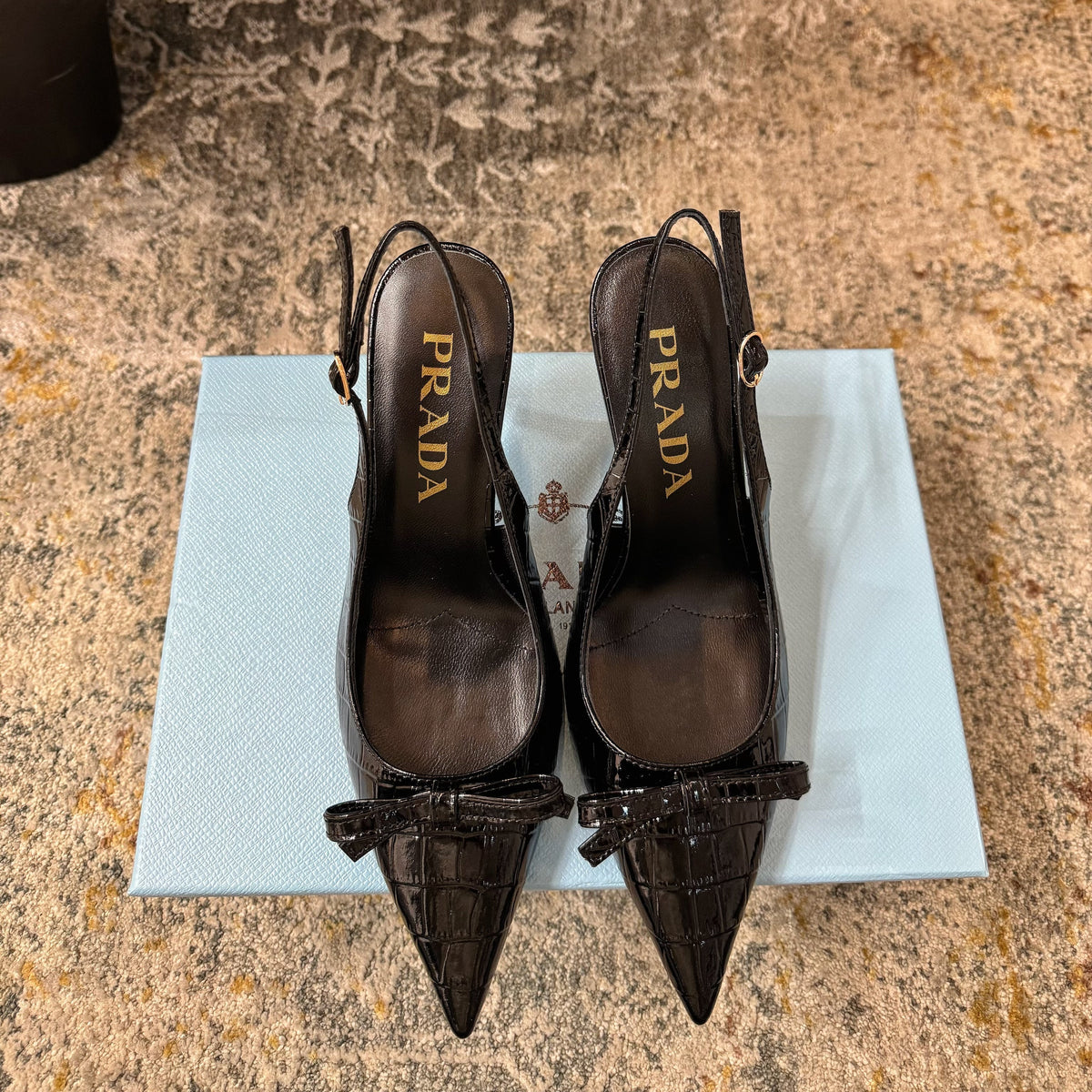 PRADA 25S SLINGBACK HIGH HEELS 75 MM IN BLACK EMBOSSED COWHIDE