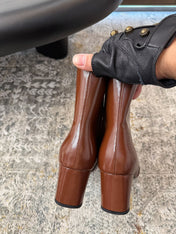 YSL 26S ANKLE BOOTS 70 MM IN BROWN SHINY CALFSKIN