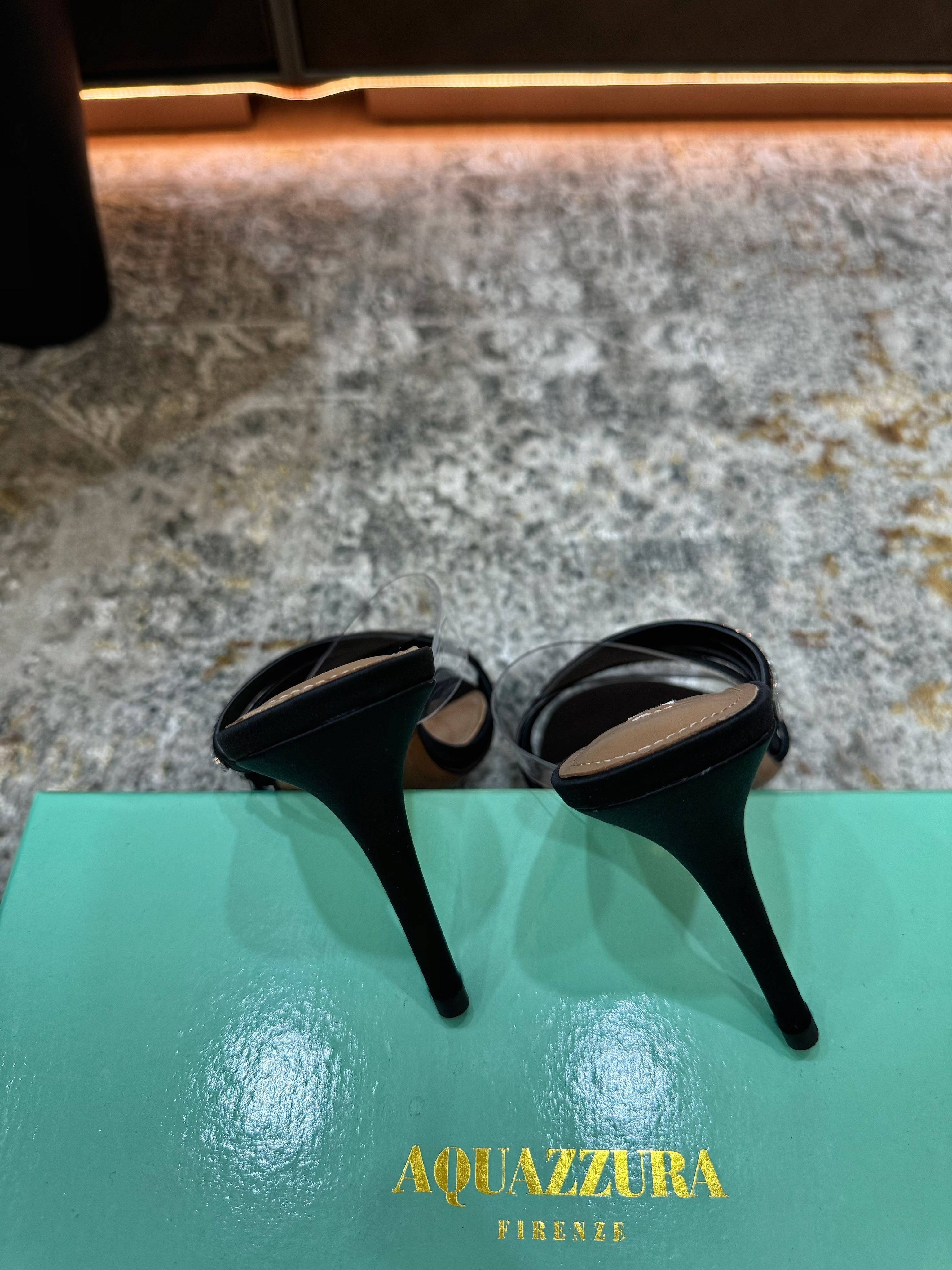 AQUAZZURA 26S CRYSTAL MULES 90 MM IN BLACK SATIN