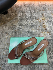 AQUAZZURA 26S CRYSTAL MULES 90 MM IN BROWN SATIN