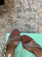 AQUAZZURA 26S CRYSTAL MULES 90 MM IN BROWN SATIN