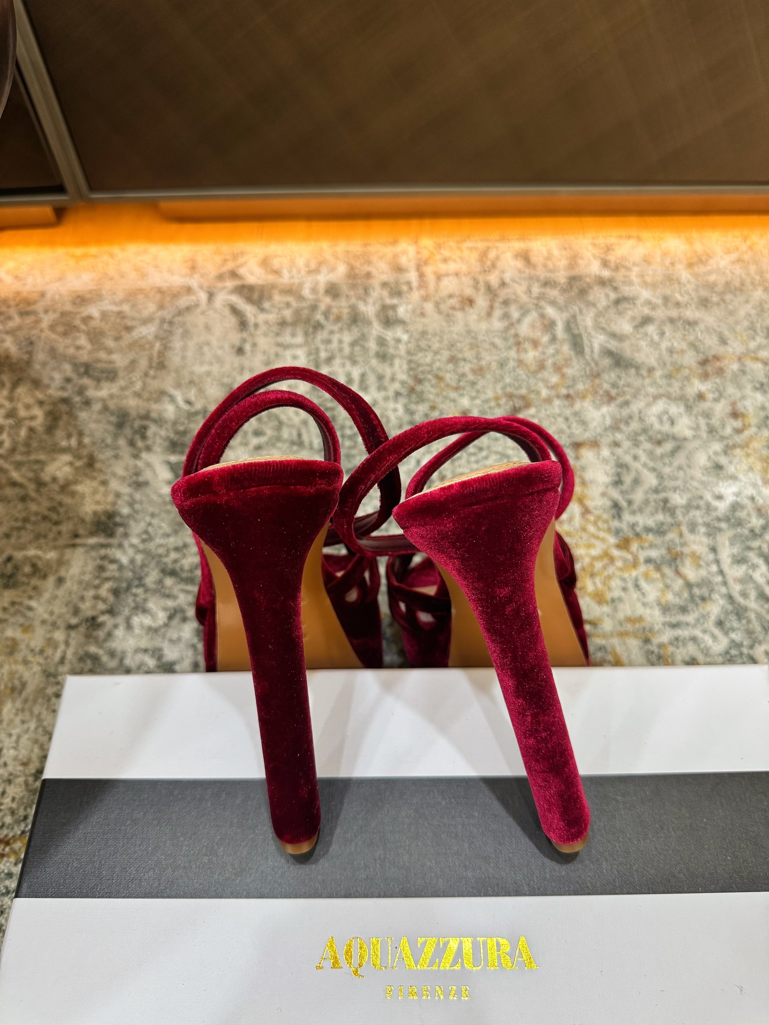 AQUAZZURA 26S HIGH-HEEL SANDALS 130 MM IN DARK RED VELVET