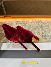 AQUAZZURA 26S BELGRAVIA PUMPS 105 MM IN DARK RED VELVET WITH BOW