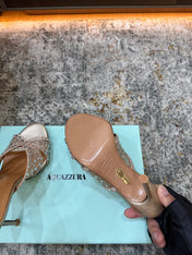 AQUAZZURA 26S HIGH-HEEL SANDALS 105 MM IN LIGHT GOLD CALFSKIN AND MESH