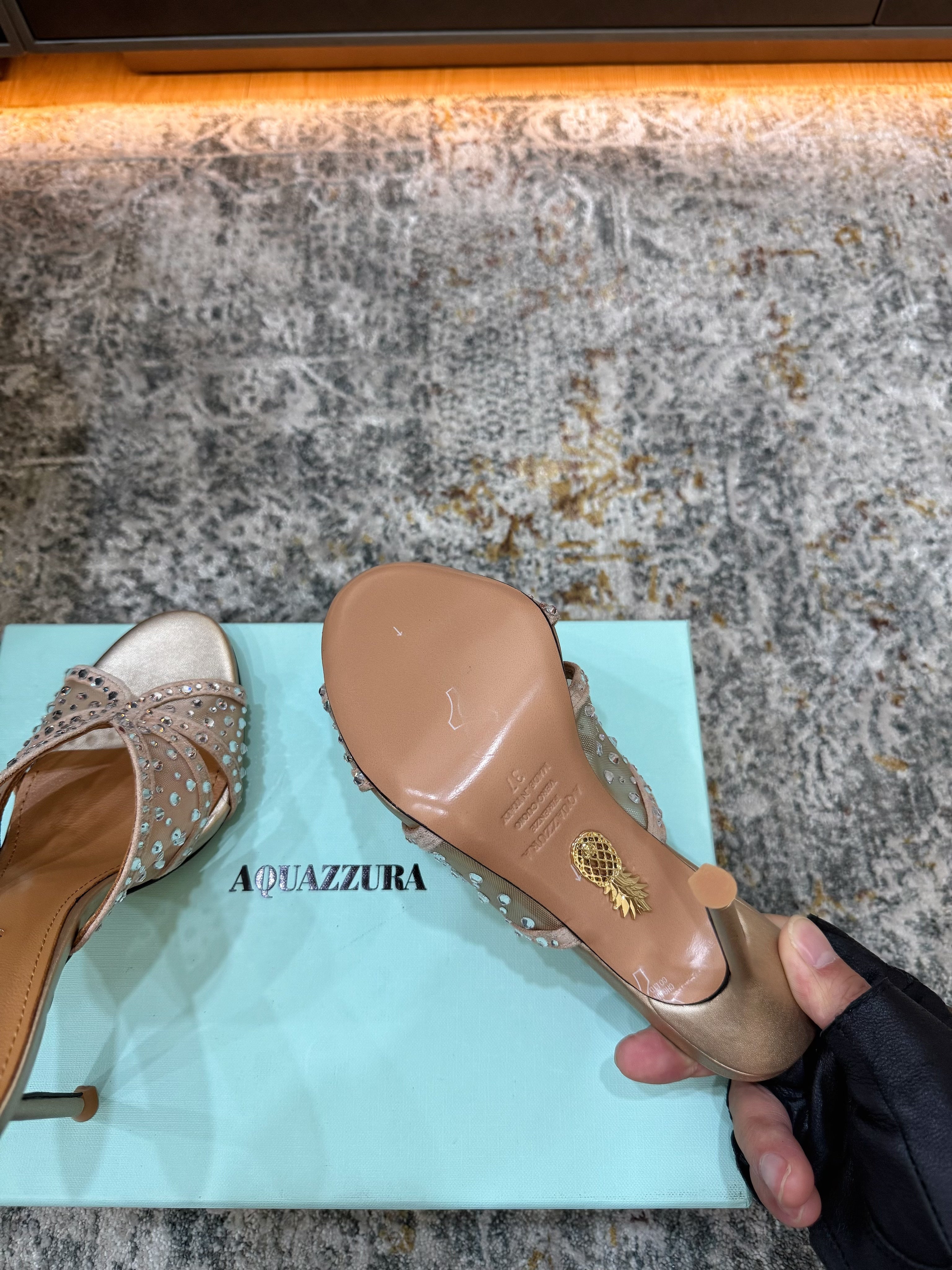 AQUAZZURA 26S HIGH-HEEL SANDALS 105 MM IN LIGHT GOLD CALFSKIN AND MESH