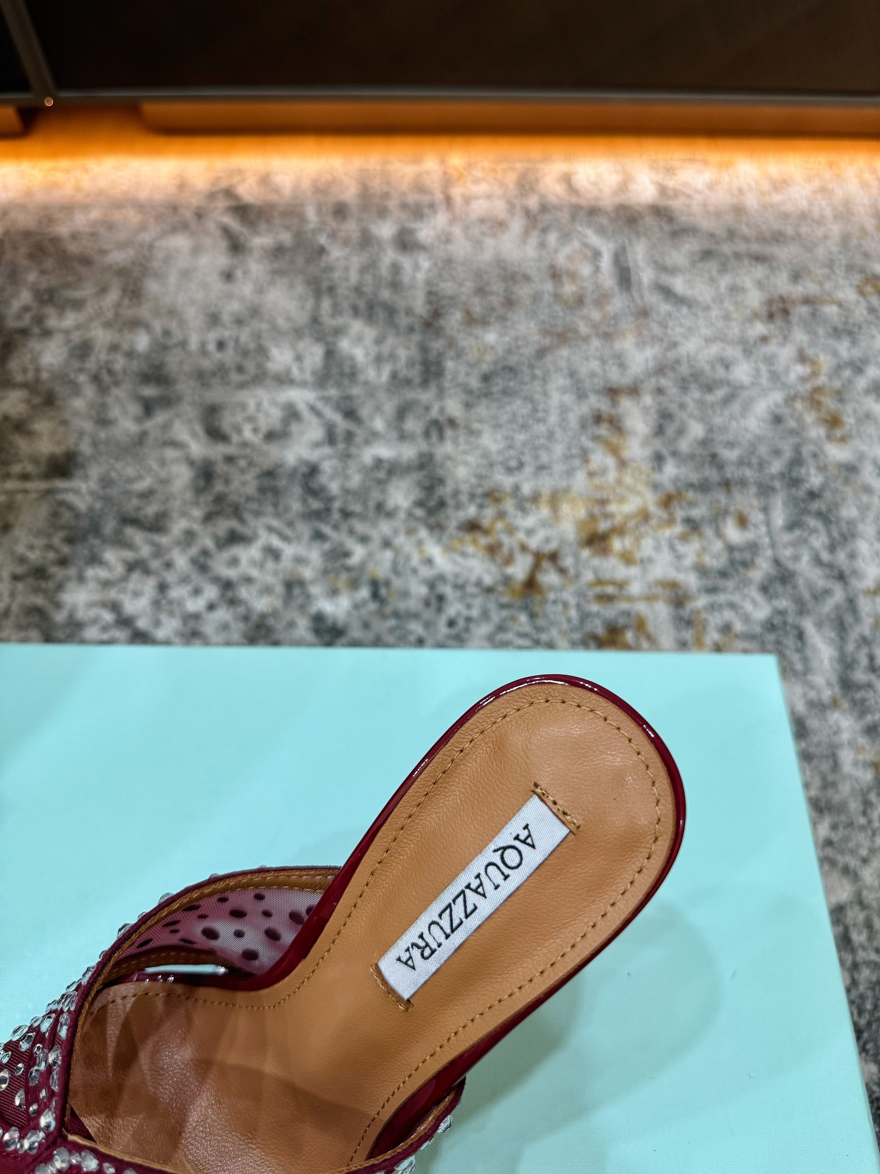 AQUAZZURA 26S HIGH-HEEL SANDALS 105 MM IN DARK RED PATENT CALFSKIN AND MESH